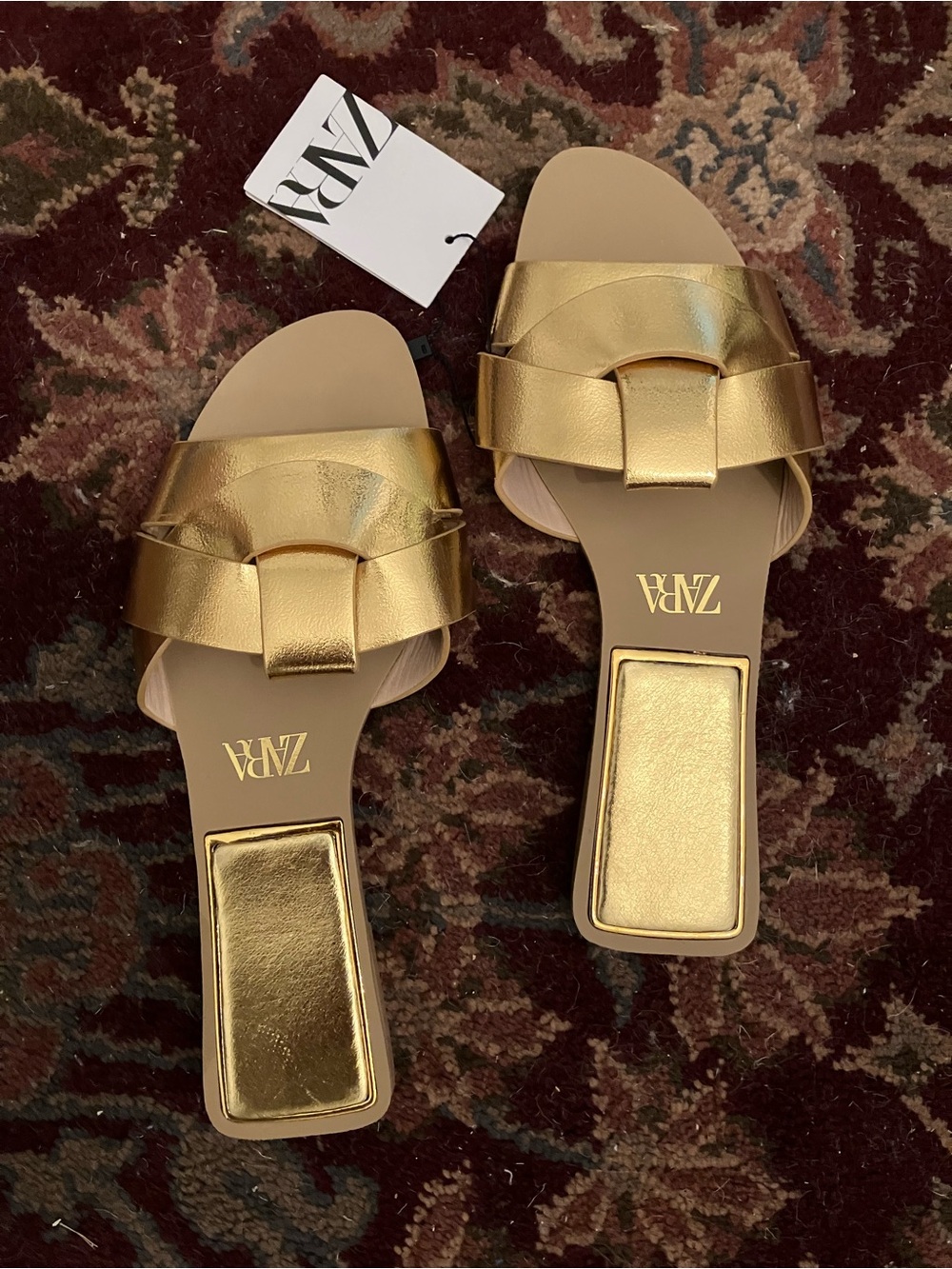 Zara Crossover Leather Flat Gold Sandals Size 7 (37 EU)